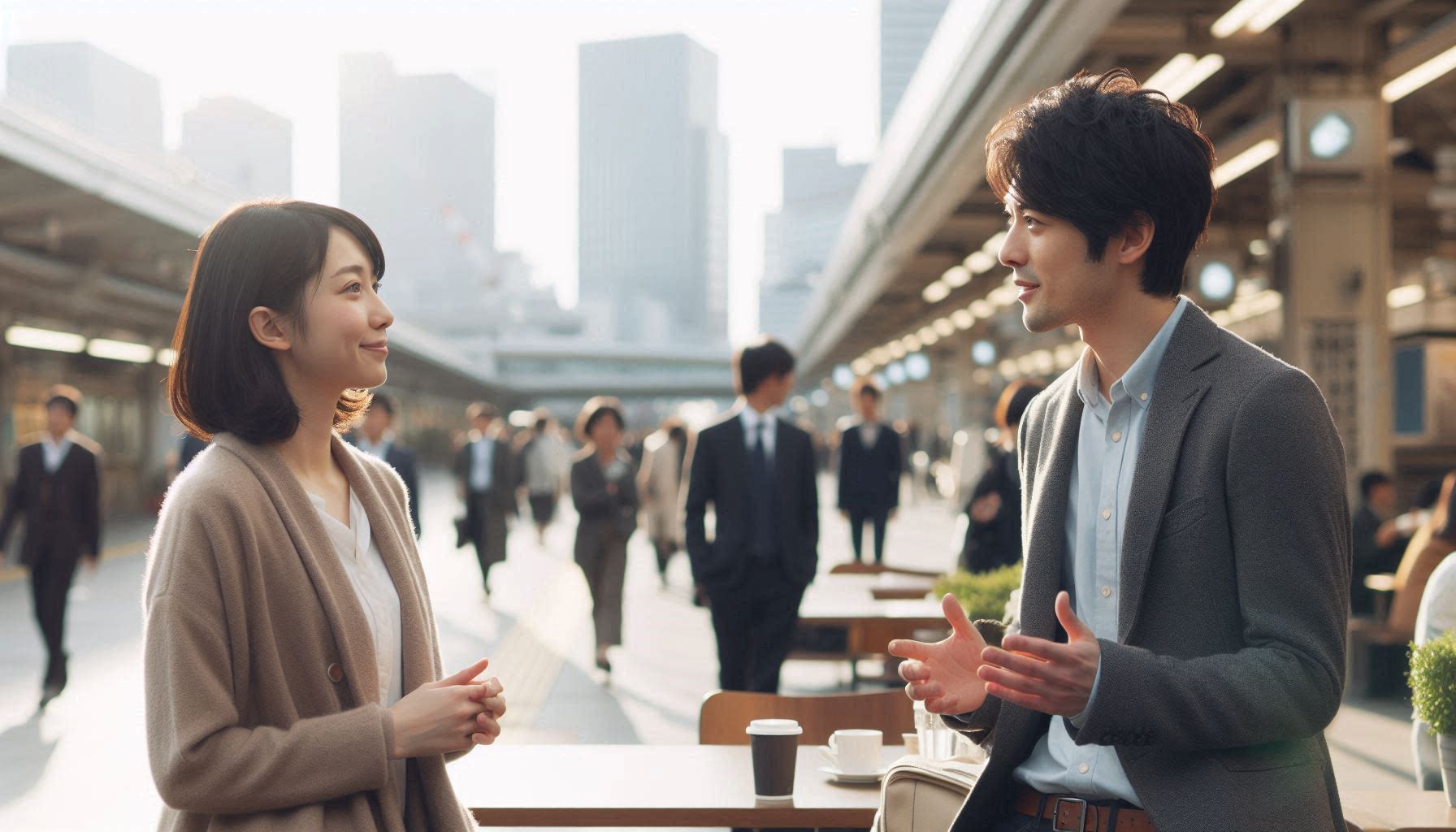 街中で自然に会話する男女の様子